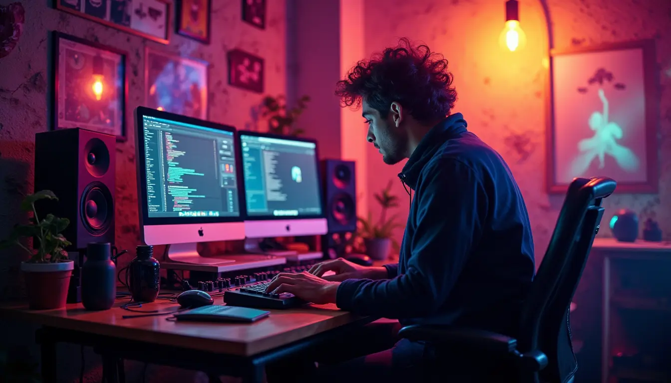 Flow State in Electronic Music Production 1 Electronic Music Producer in studio in a flow state