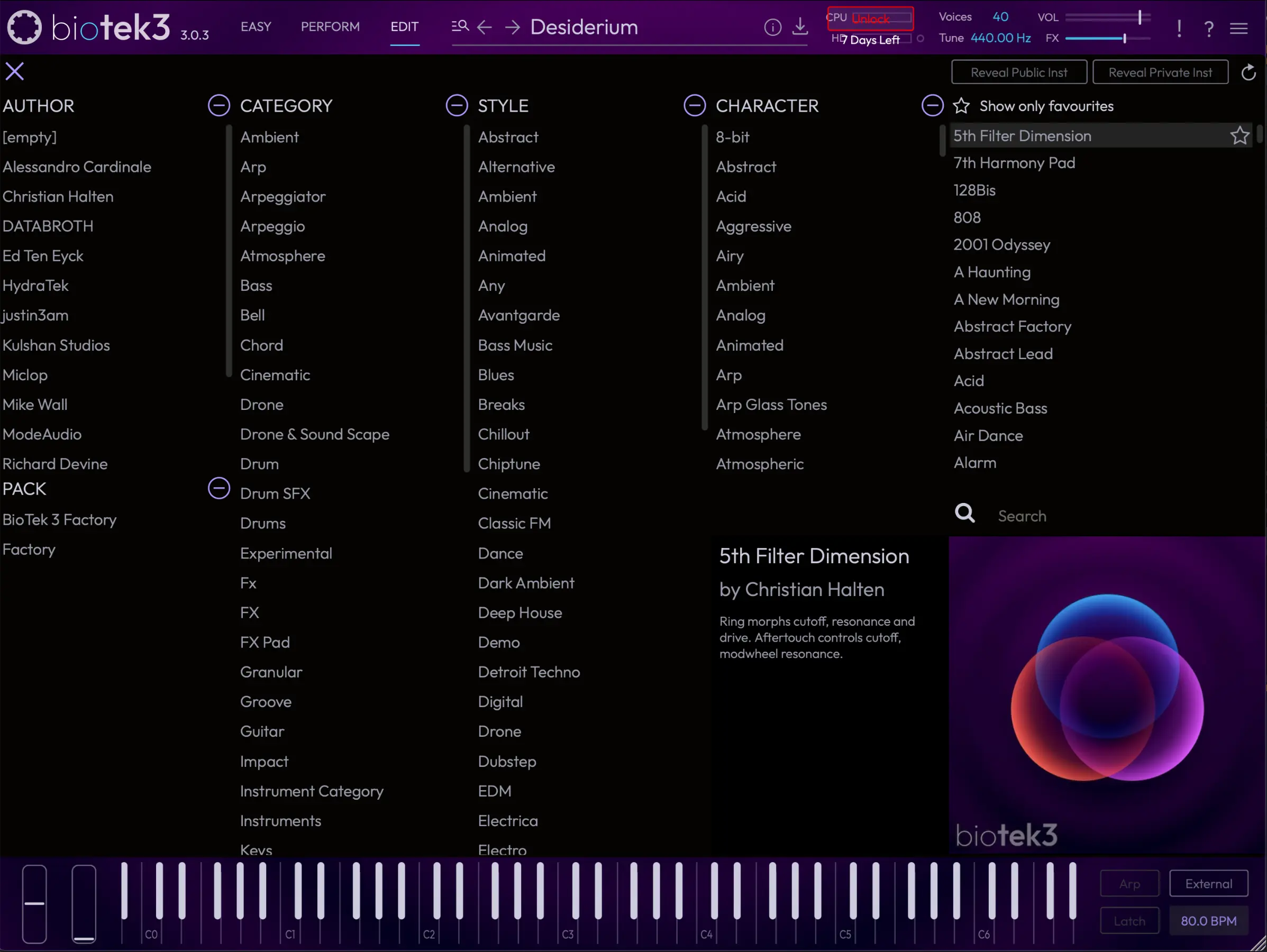 Tracktion BioTek 3 Synth 4 Tracktion BioTek 3 Preset Browser interface